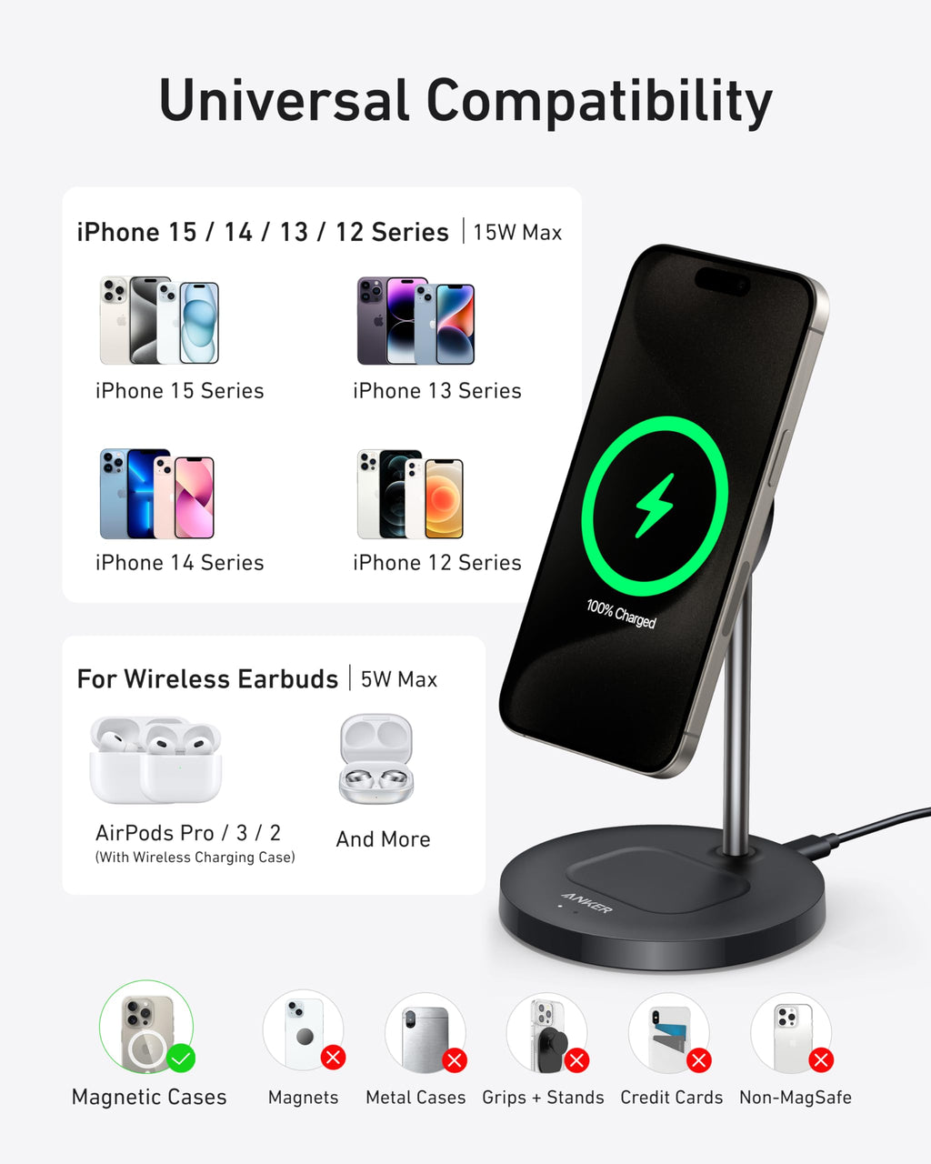 Anker MagGo Wireless Charger 2-in-1 Stand BOA - Fast MagSafe Charging for iPhone 15 Pro and Earbuds by Anker