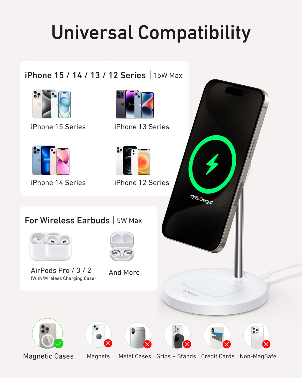 Anker MagGo Wireless Charger 2-in-1 Stand BOA - Fast MagSafe Charging for iPhone 15 Pro and Earbuds by Anker