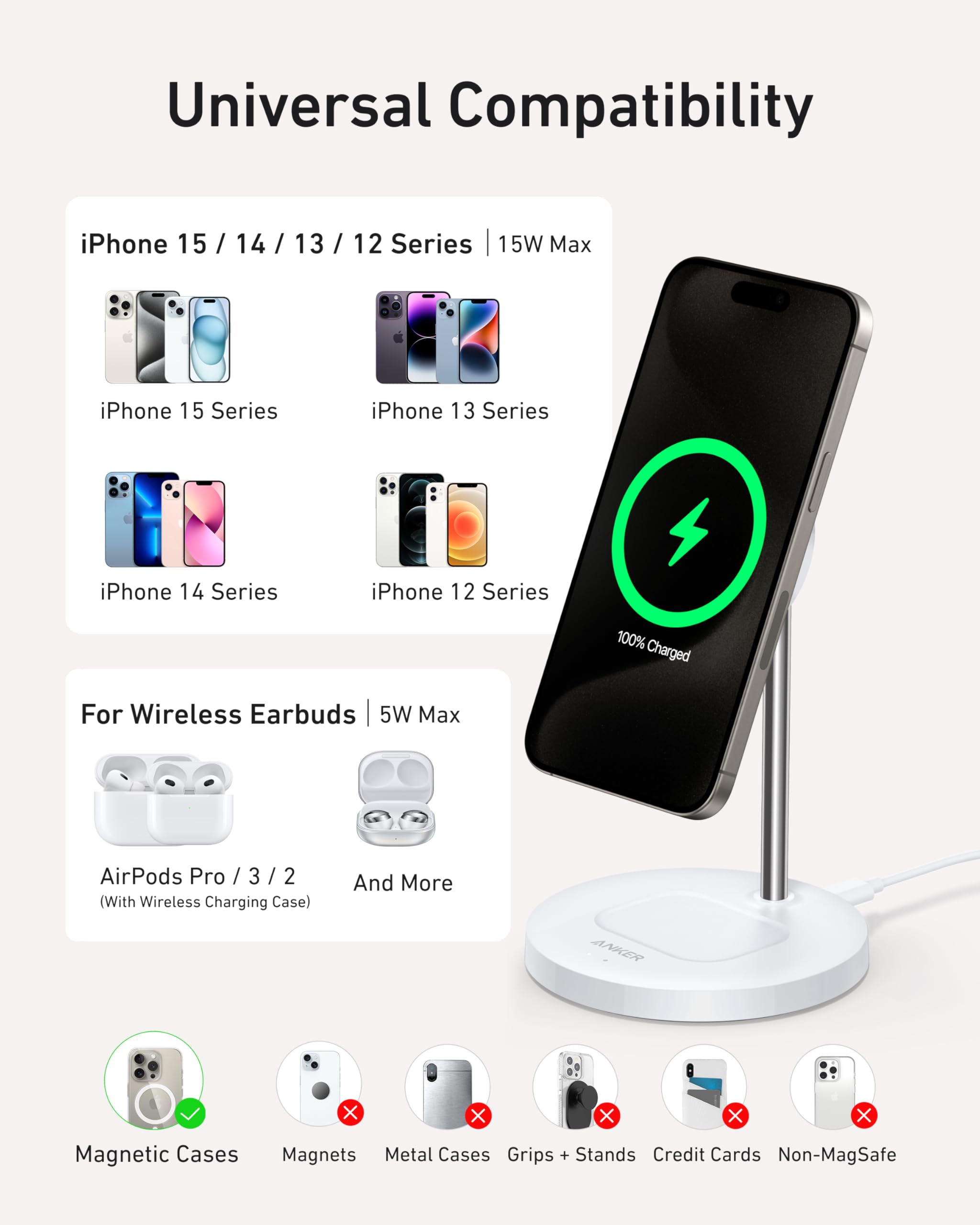Anker MagGo Wireless Charger 2-in-1 Stand BOA - Fast MagSafe Charging for iPhone 15 Pro and Earbuds by Anker