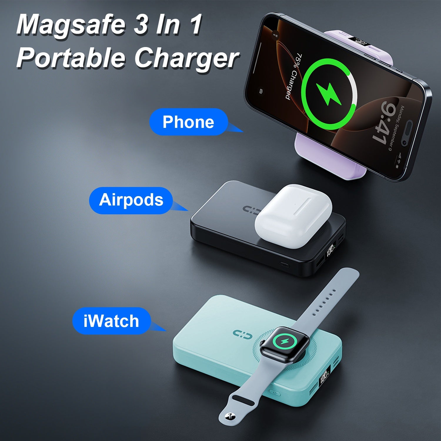 1Pc 3 In 1 10000mAh MagSafe Fast Charging Power Bank PD20W Portable Charger With 2 Built In Cables Stand Fit For IOS Phone 16 15 13 Series And More by Tech-Home Store