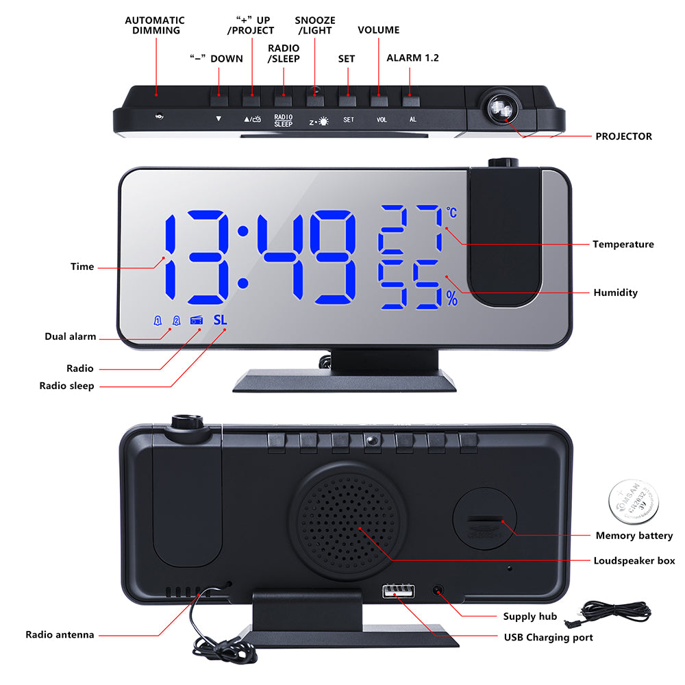 Multifunctional Radio Projection Alarm Clock by Tech-Home Store