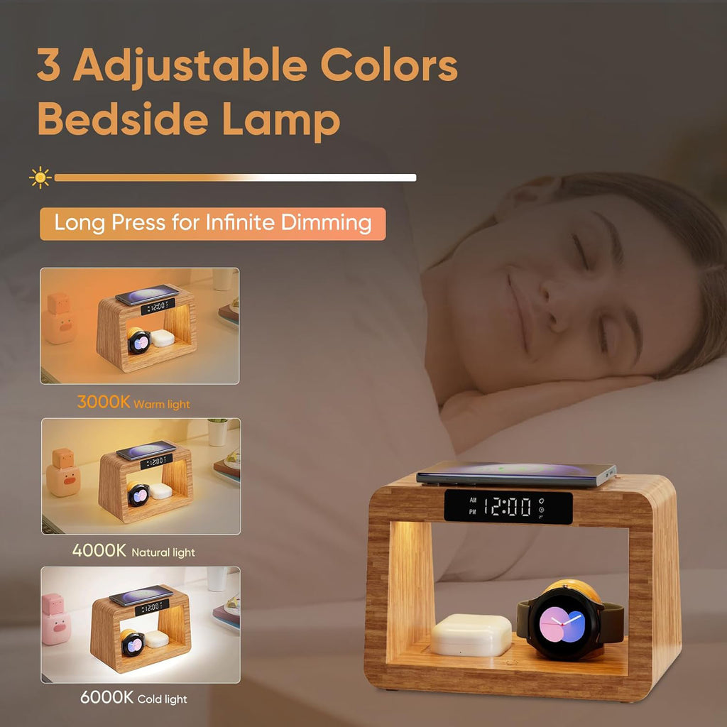 Multifunctional Bamboo Table Lamp Alarm Clock Wireless Charger by Tech-Home Store