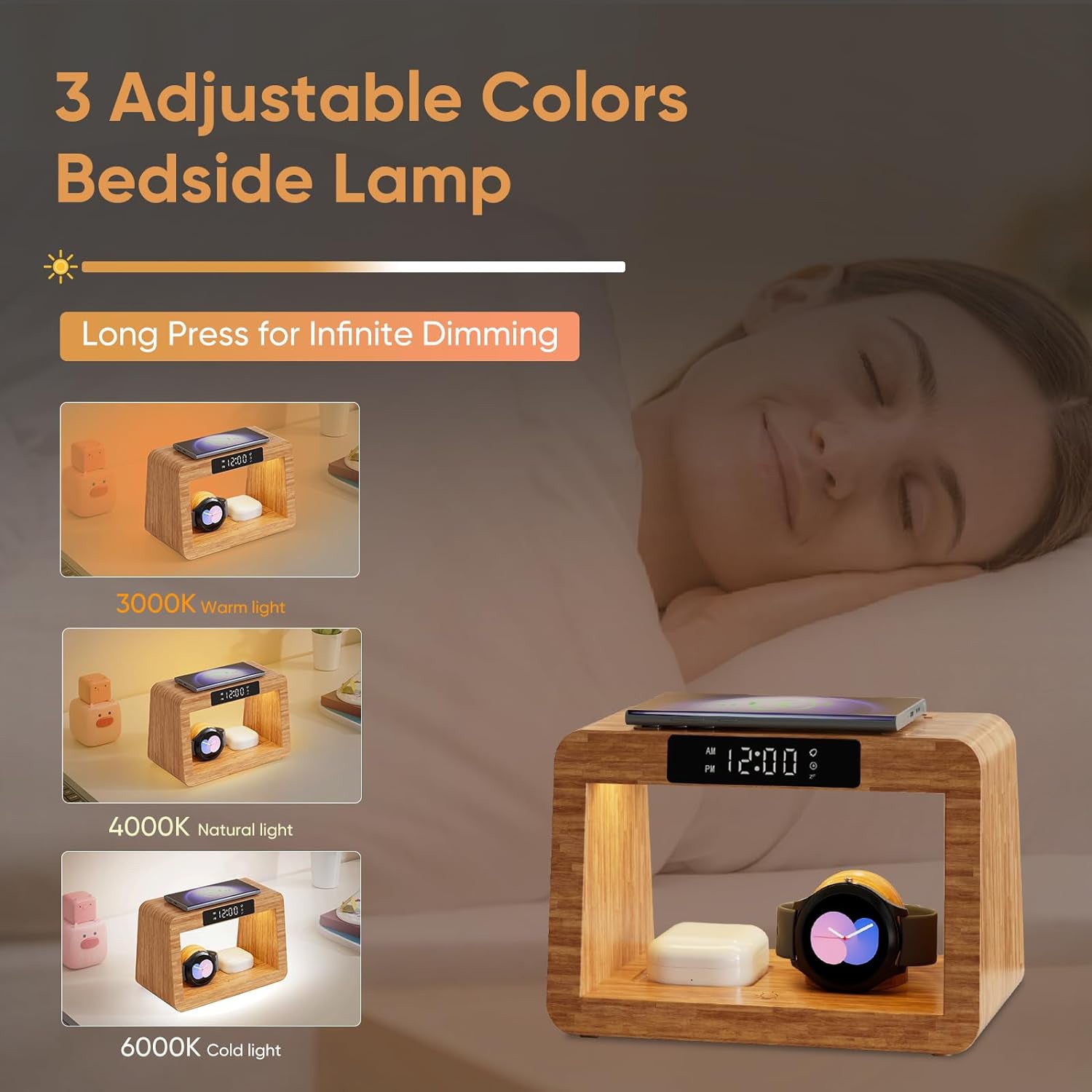 Multifunctional Bamboo Table Lamp Alarm Clock Wireless Charger by Tech-Home Store
