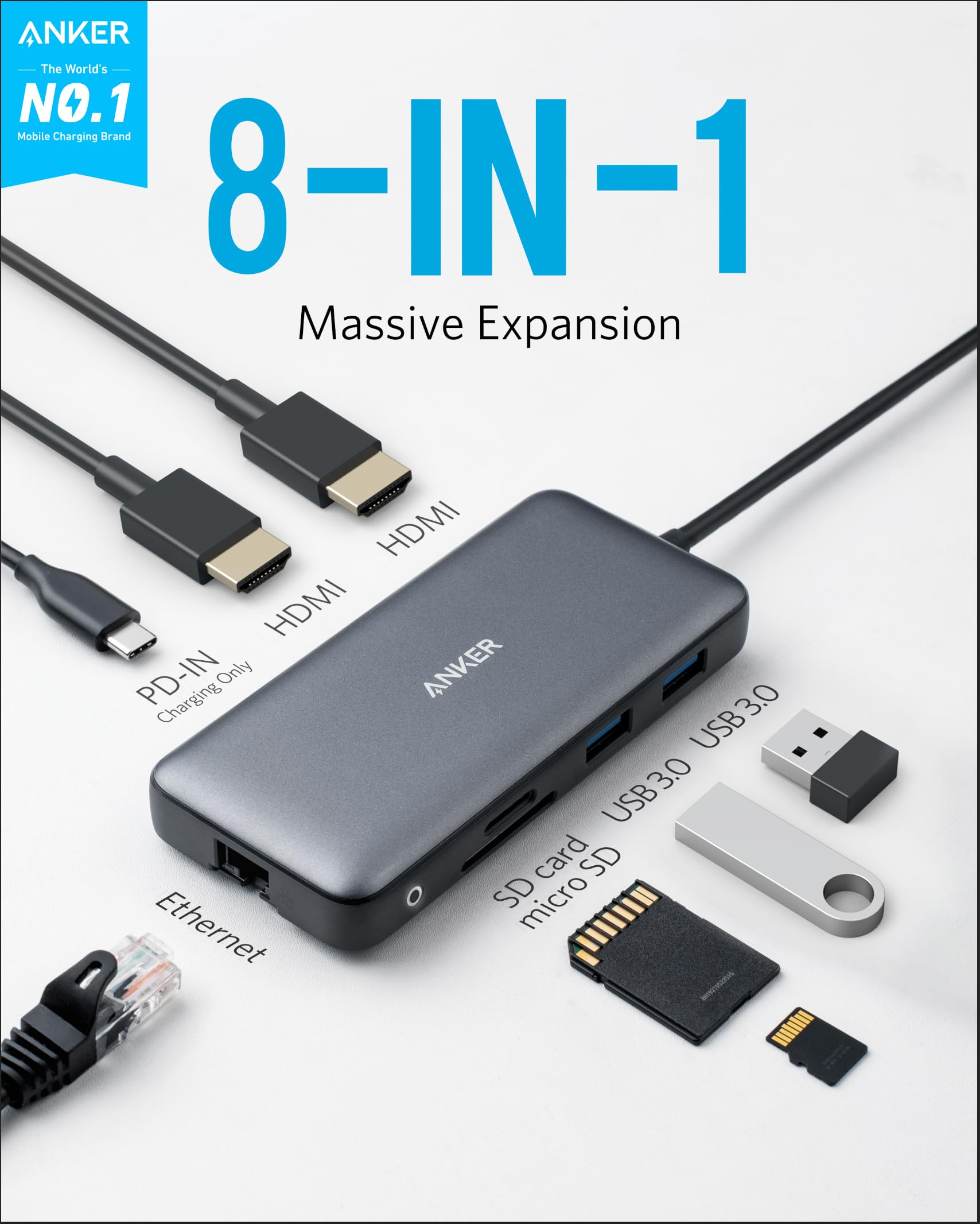 Anker 553 USB-C Hub 8-In-1 - Expands One USB-C Port Into a Full Workstation for Laptops and Creators by Anker