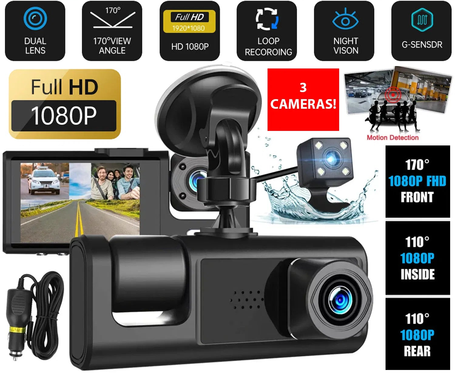 Car Dual Lens Dash Cam HD 1080P Front Rear Inside Video Recorder Camera G-Sensor by Tech-Home Store