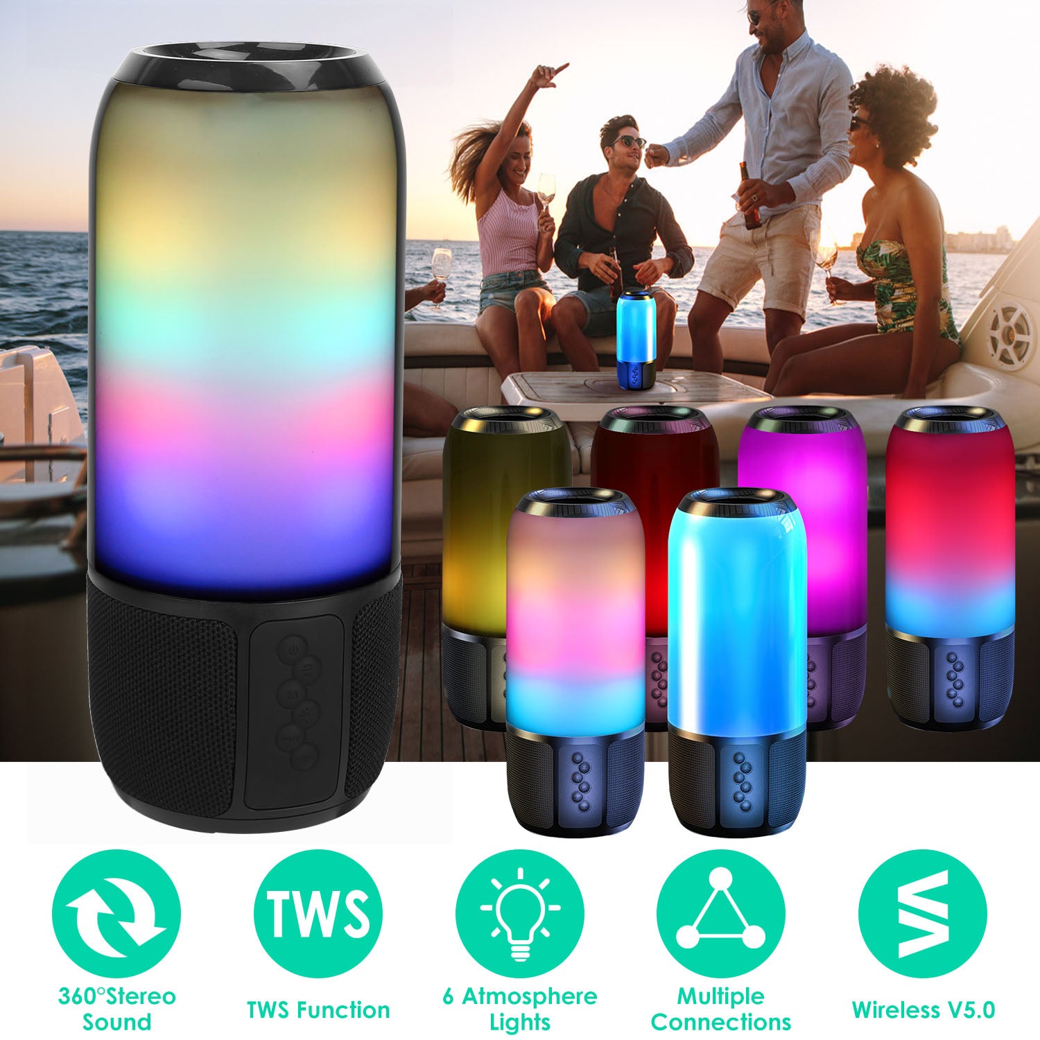 NovaSound Wireless Portable Bluetooth Speaker - 360 Degree Stereo Sound Dual 5W Drivers And 6 Color Changing Lights by Tech-Home Store