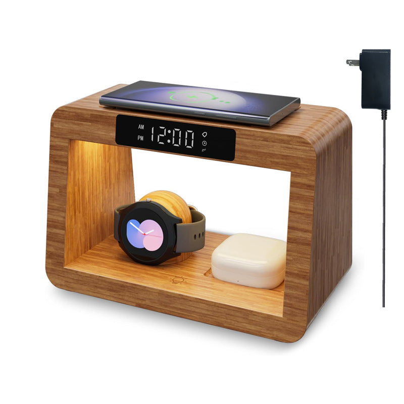 Multifunctional Bamboo Table Lamp Alarm Clock Wireless Charger by Tech-Home Store
