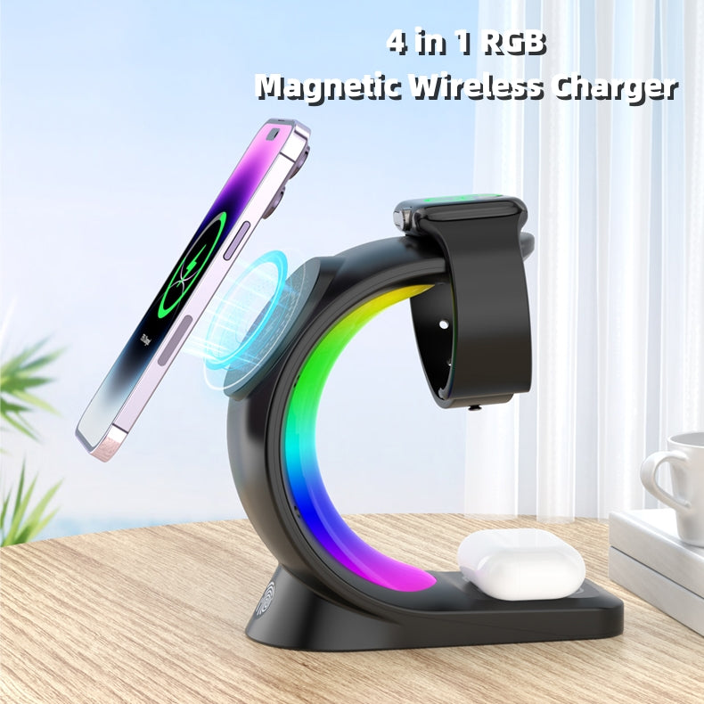 AuraCharge 3-In-1 Magnetic Wireless Charger For iPhone Apple Watch AirPods Pro - RGB Atmosphere Light by Tech-Home Store