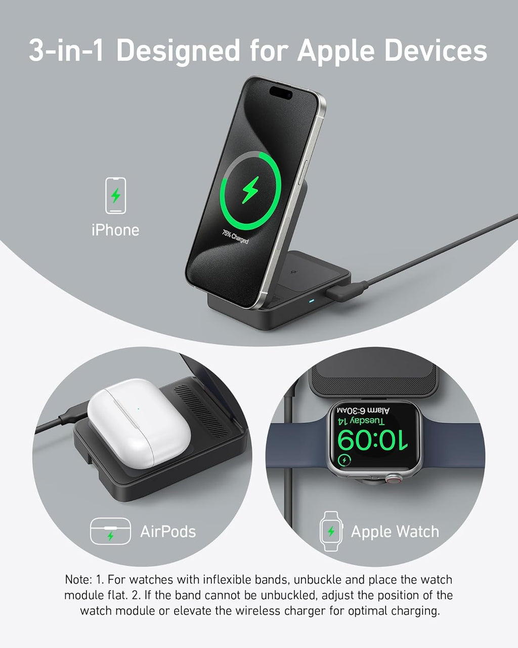 Anker MagGo Wireless Charging Station Foldable 3-in-1 - MagSafe 15W Wireless Charger for iPhone Apple Watch AirPods by Anker