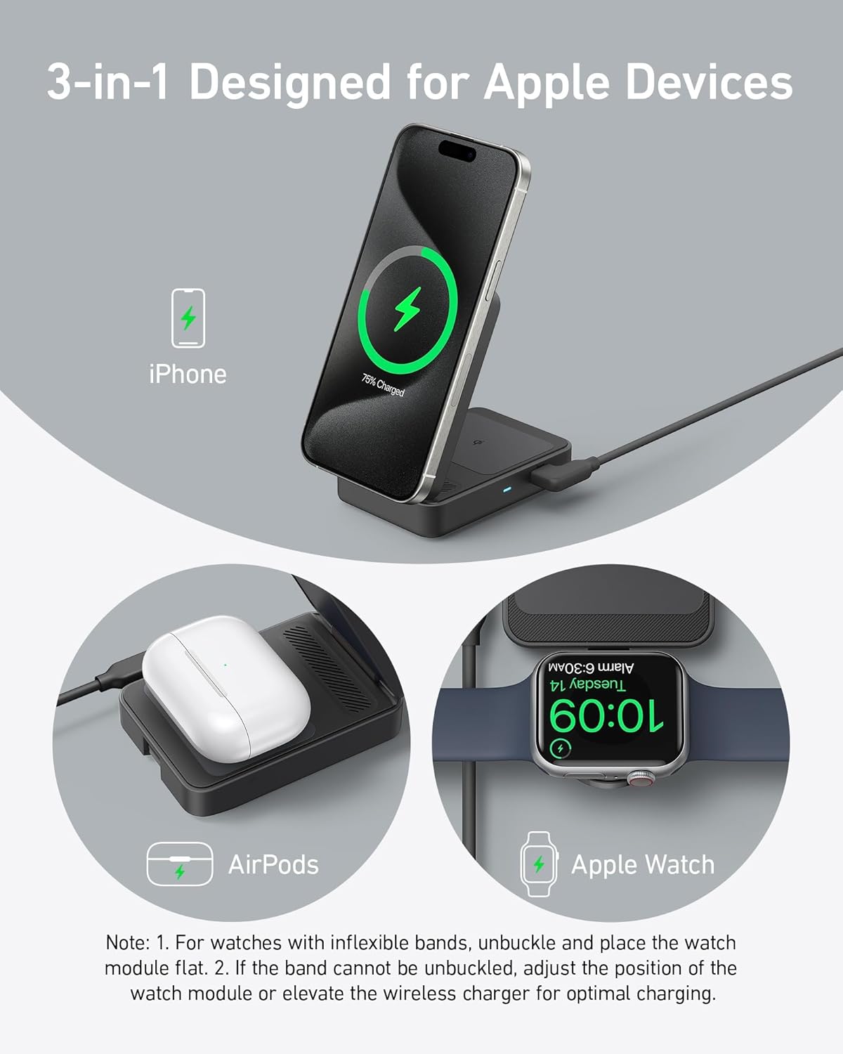 Anker MagGo Wireless Charging Station Foldable 3-in-1 - MagSafe 15W Wireless Charger for iPhone Apple Watch AirPods by Anker