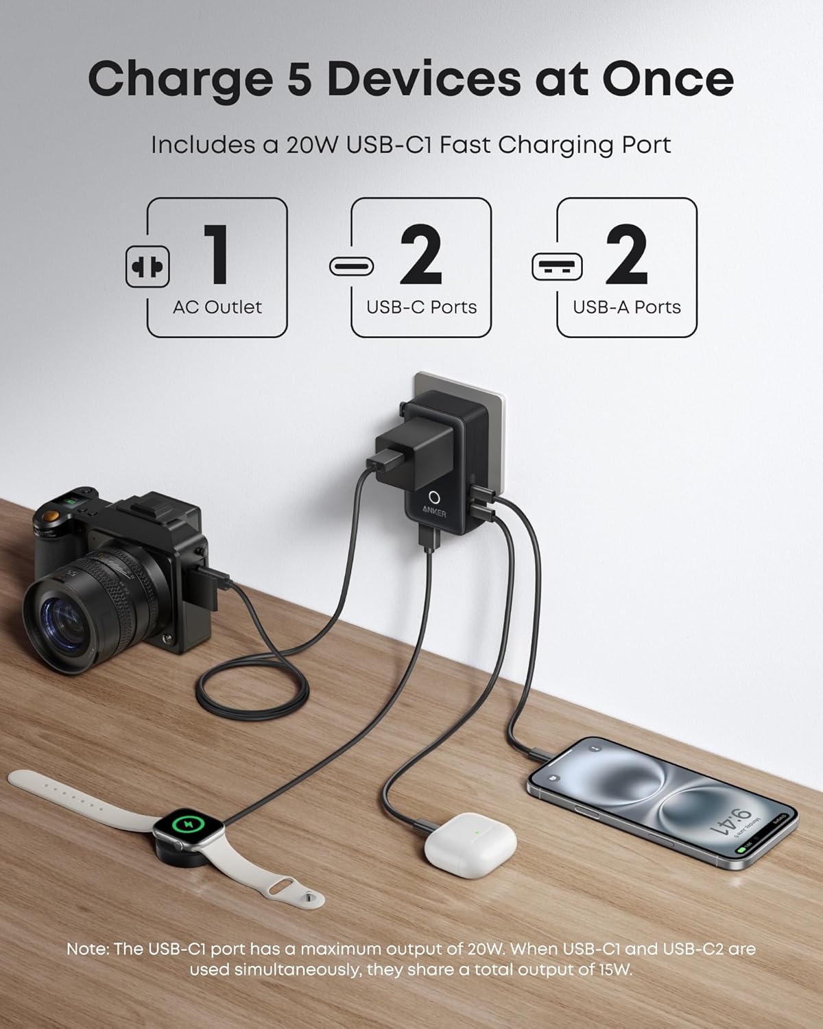 Anker Nano Travel Adapter - 5-in-1 Universal Charger With 20W USB-C Power For Global Travel by Anker