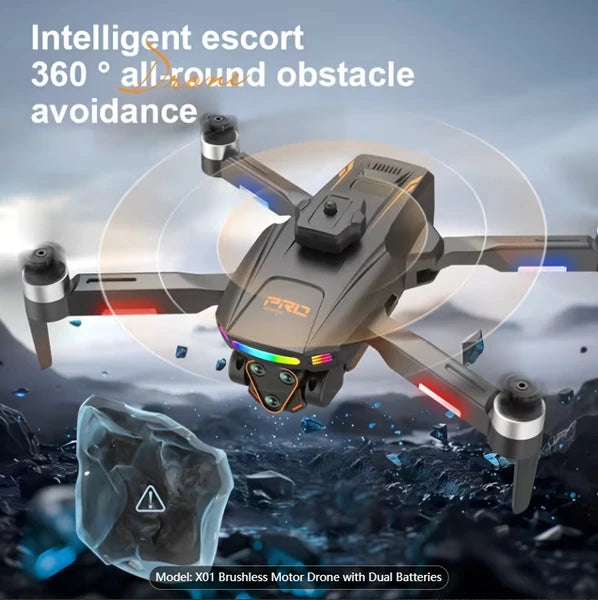 New Foldable Quadcopter Drone X01 Features: 4.5-inch Independent Display Screen Triple Cameras USB Charging Remote Controller Motorized Adjustable Camera Real-time Screen Image Transmission 360° by Tech-Home Store