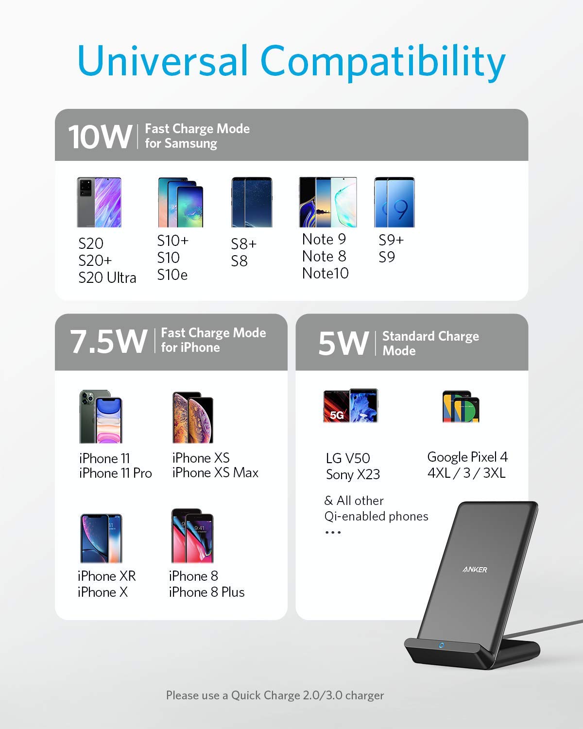 Anker 313 Wireless Charger Stand - Fast Galaxy Charging and Quick iPhone Charging on a Compact Desk Dock by Anker