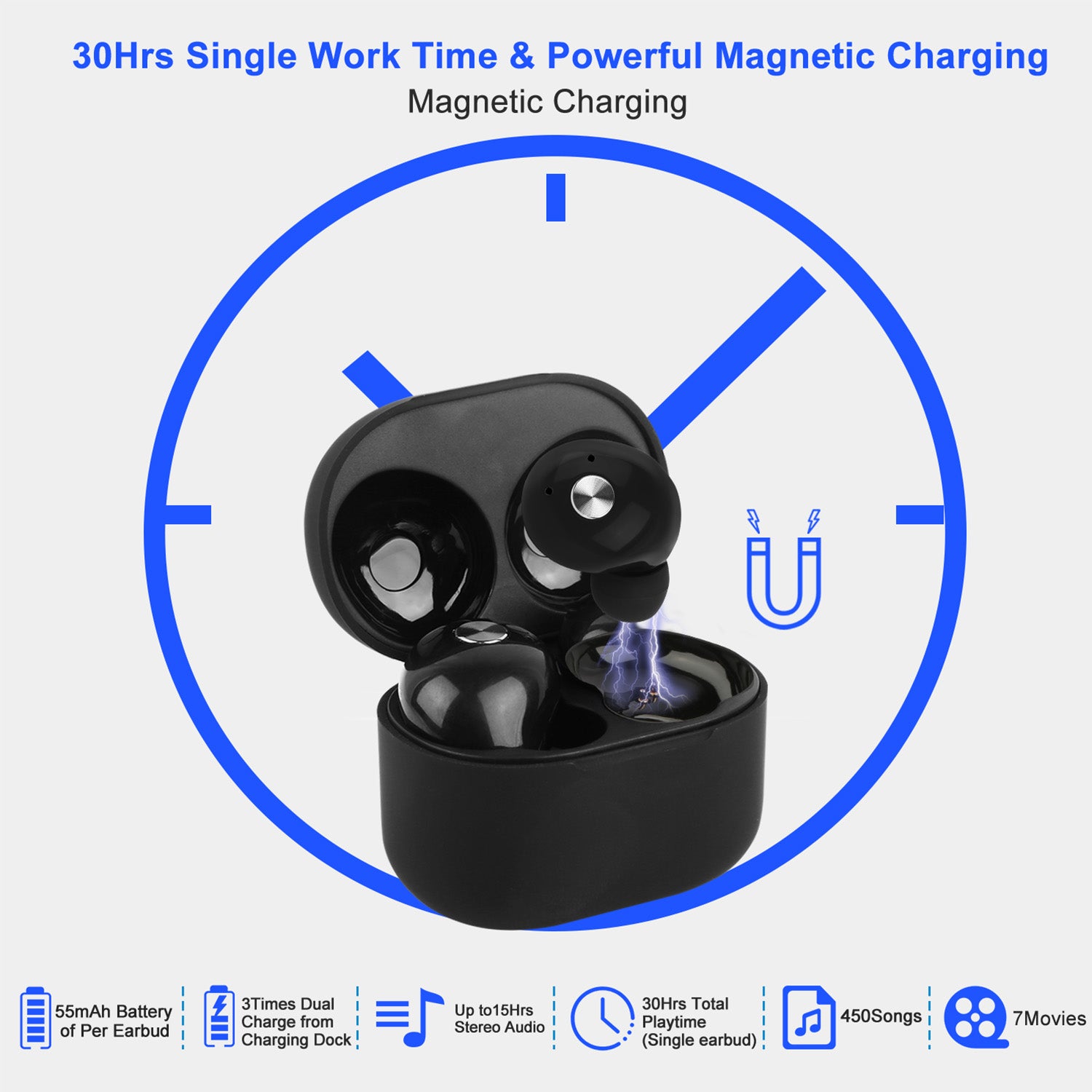 TWS True Wireless V4.2 Earbuds IPX4 In-ear Stereo Earphone Hands-free Deep Bass Earpiece With Mic Magnetic Charging Case 30Hrs Single Earbud Work Time Driving Business by Tech-Home Store