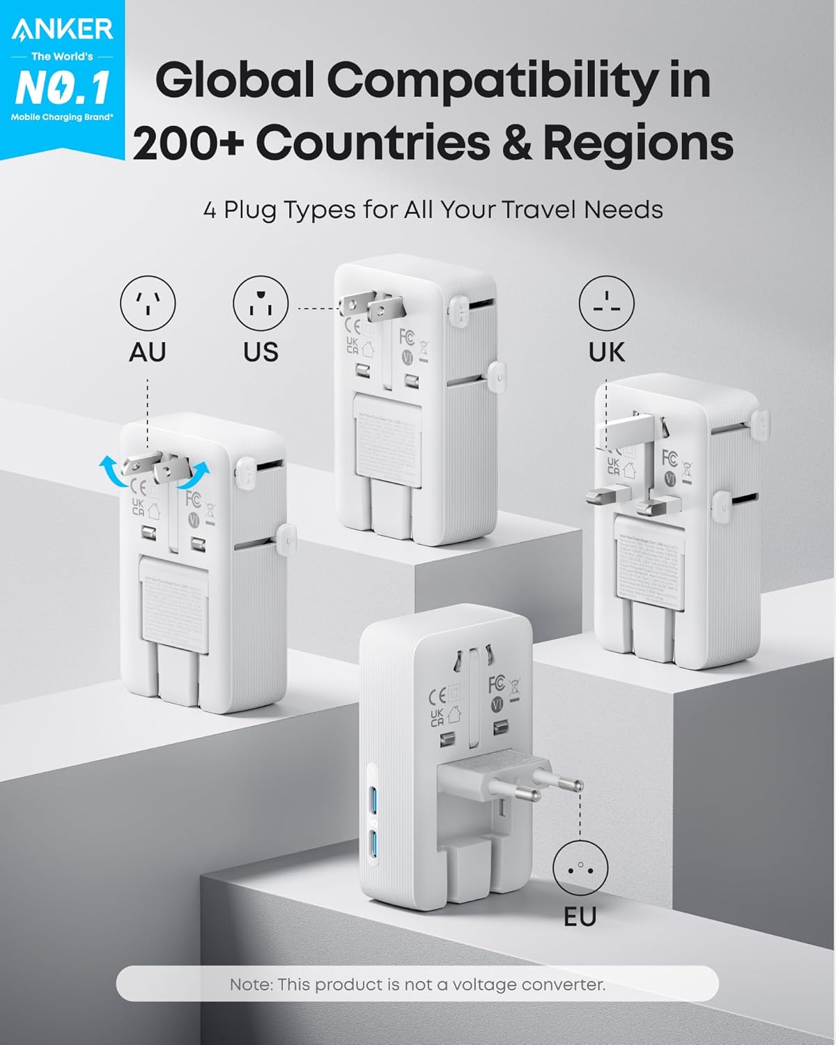 Anker Nano Travel Adapter - 5-in-1 Universal Charger With 20W USB-C Power For Global Travel by Anker