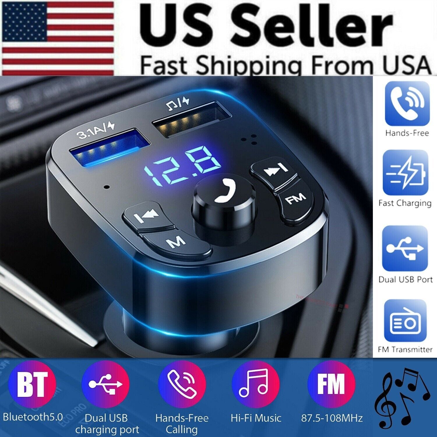 Wireless Car Bluetooth FM Transmitter MP3 Audio USB Charger Adapter Handsfree by Tech-Home Store