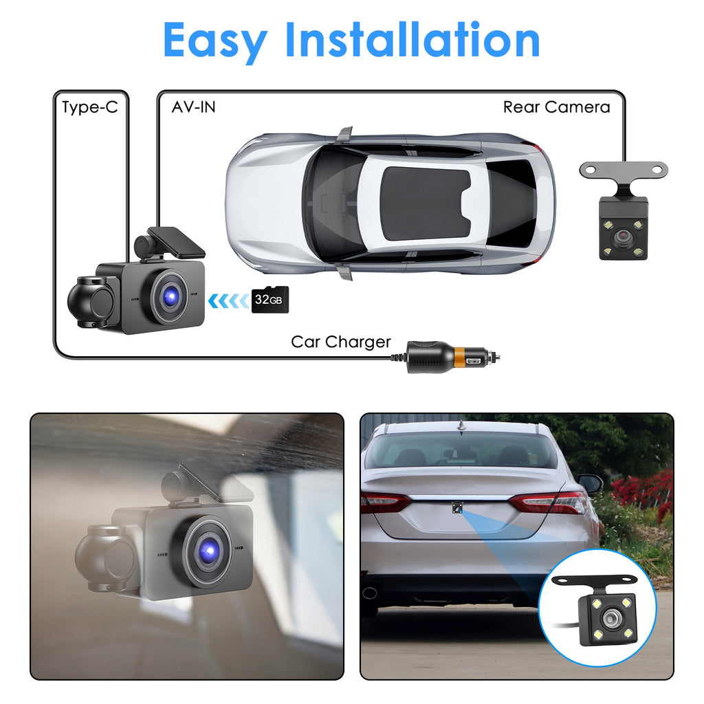 WiFi FHD 1080P 3 Channel Car Dash Cam Front Rear Inside With 32G MMC Card Motion Detection Loop Recording Infrared Night Vision Surveillance Car Camera With App Control by Tech-Home Store