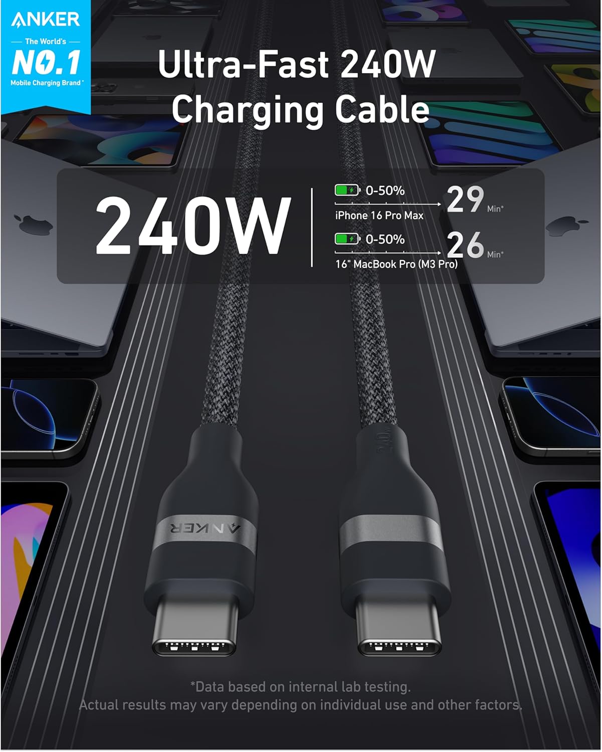 Anker USB-C to USB-C Cable 3 Ft and 6 Ft 240W Upcycled Braided - High Power USB-C Cable for Fast Charging by Anker