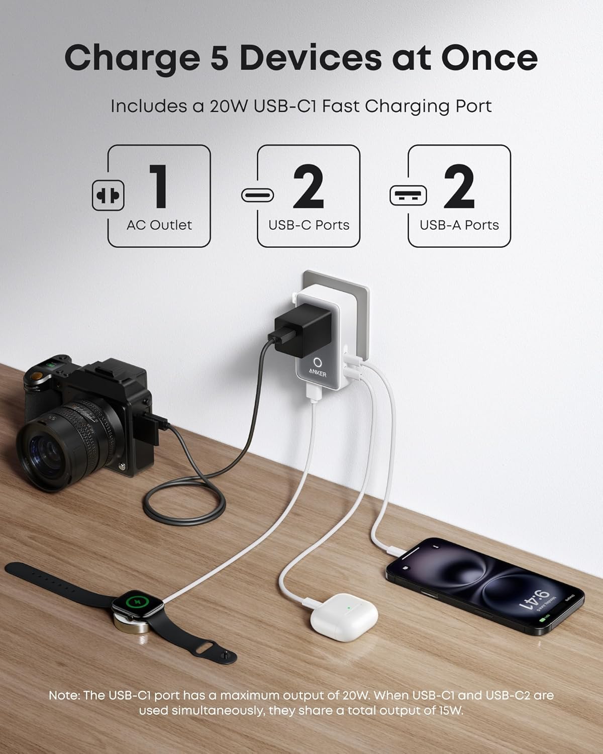 Anker Nano Travel Adapter - 5-in-1 Universal Charger With 20W USB-C Power For Global Travel by Anker