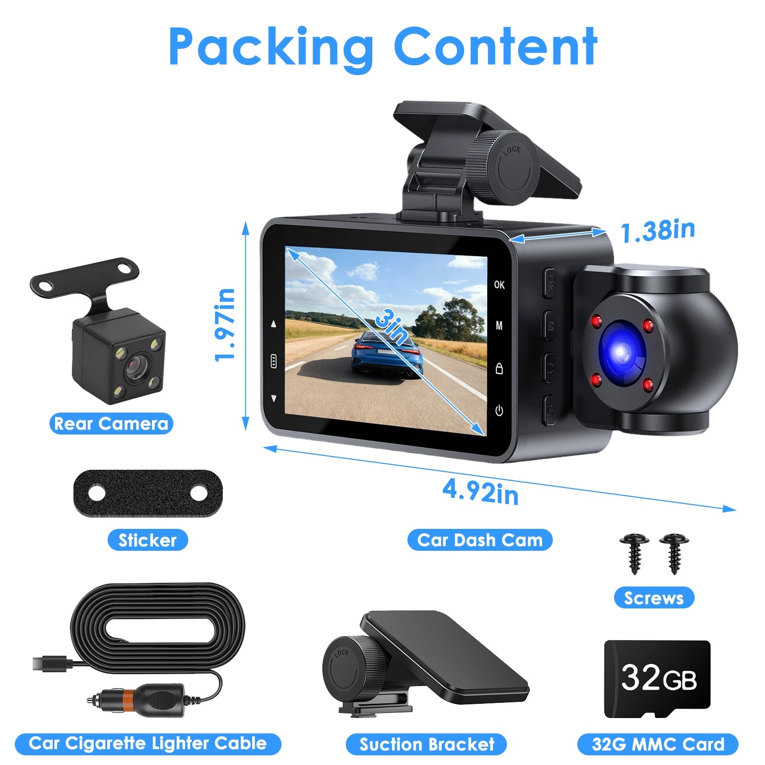 WiFi FHD 1080P 3 Channel Car Dash Cam Front Rear Inside With 32G MMC Card Motion Detection Loop Recording Infrared Night Vision Surveillance Car Camera With App Control by Tech-Home Store