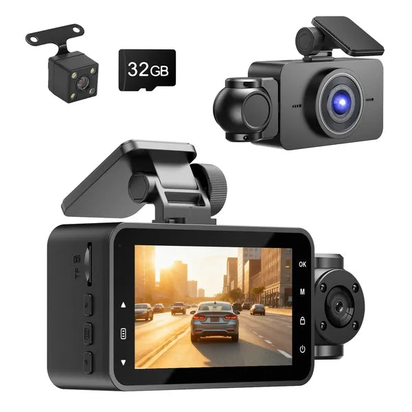 WiFi FHD 1080P 3 Channel Car Dash Cam Front Rear Inside With 32G MMC Card Motion Detection Loop Recording Infrared Night Vision Surveillance Car Camera With App Control by Tech-Home Store