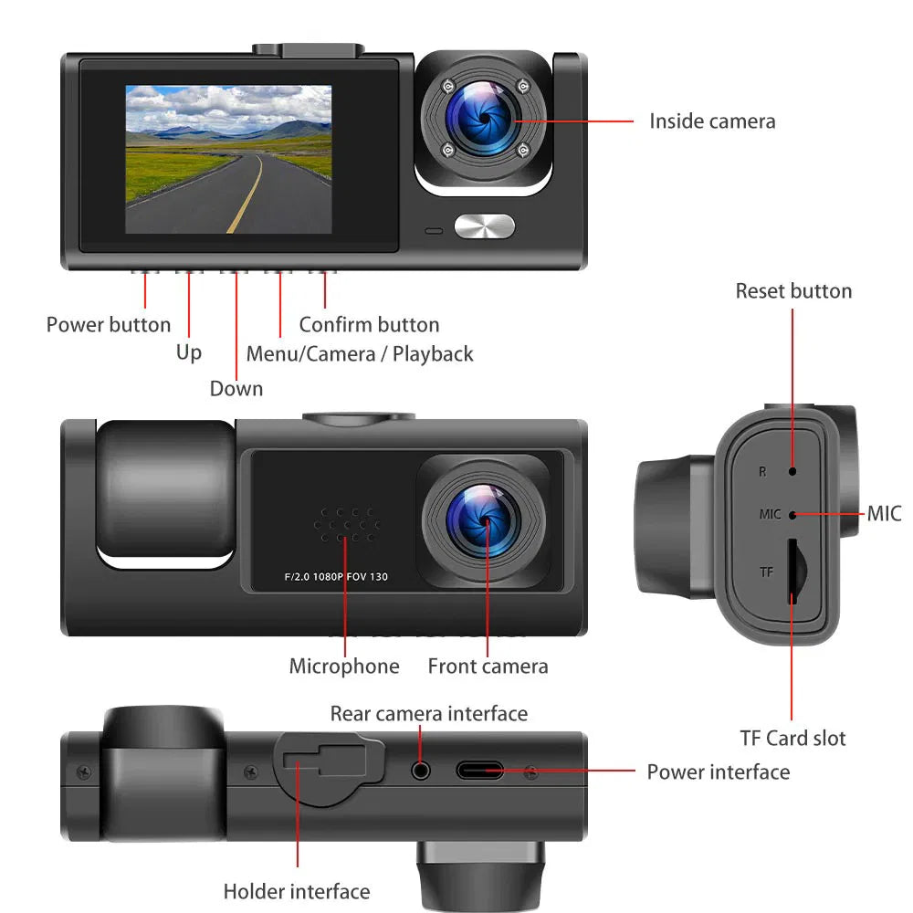 Car Dual Lens Dash Cam HD 1080P Front Rear Inside Video Recorder Camera G-Sensor by Tech-Home Store