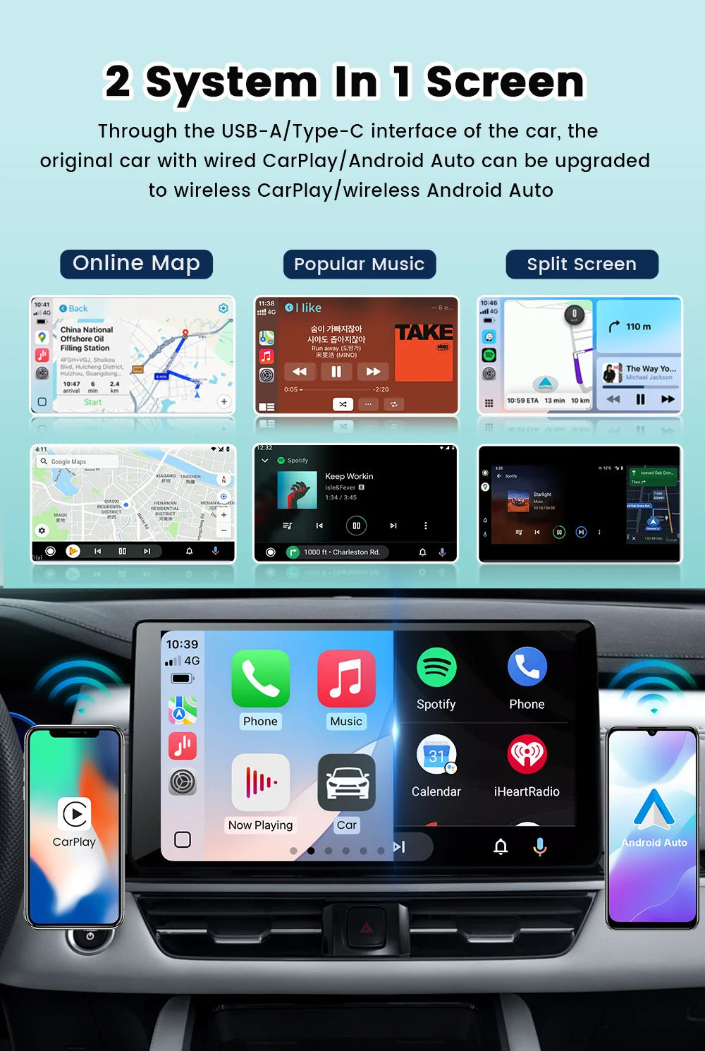 2 in 1 Car Kit 5.0 Ultra Wireless CarPlay Android Auto Adapter