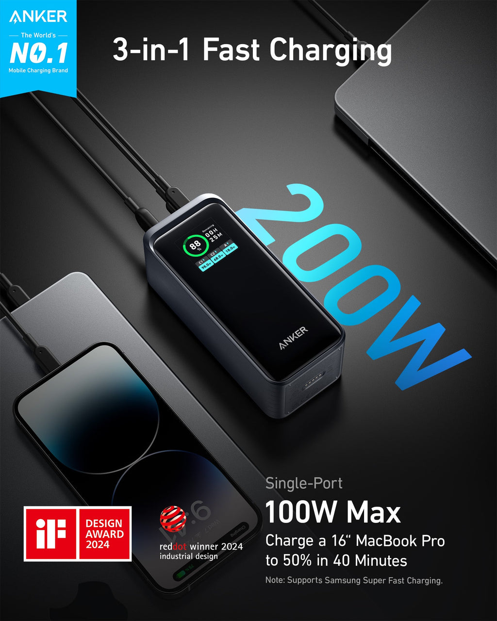Anker Prime Power Bank 20K 200W - High Speed 200W Multi-Device USB-C And USB-A Charging by Anker