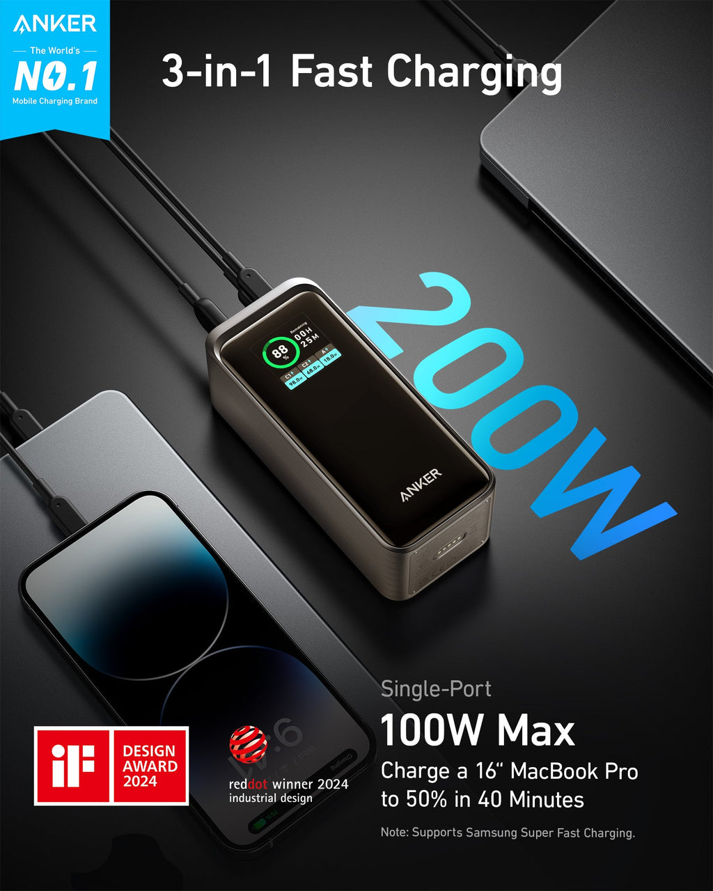 Anker Prime Power Bank 20K 200W - High Speed 200W Multi-Device USB-C And USB-A Charging by Anker