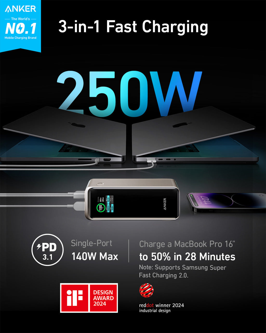 Anker Prime Power Bank - 250W PD 3.1 Portable Charger For Laptops And Phones, 27,650mAh by Anker