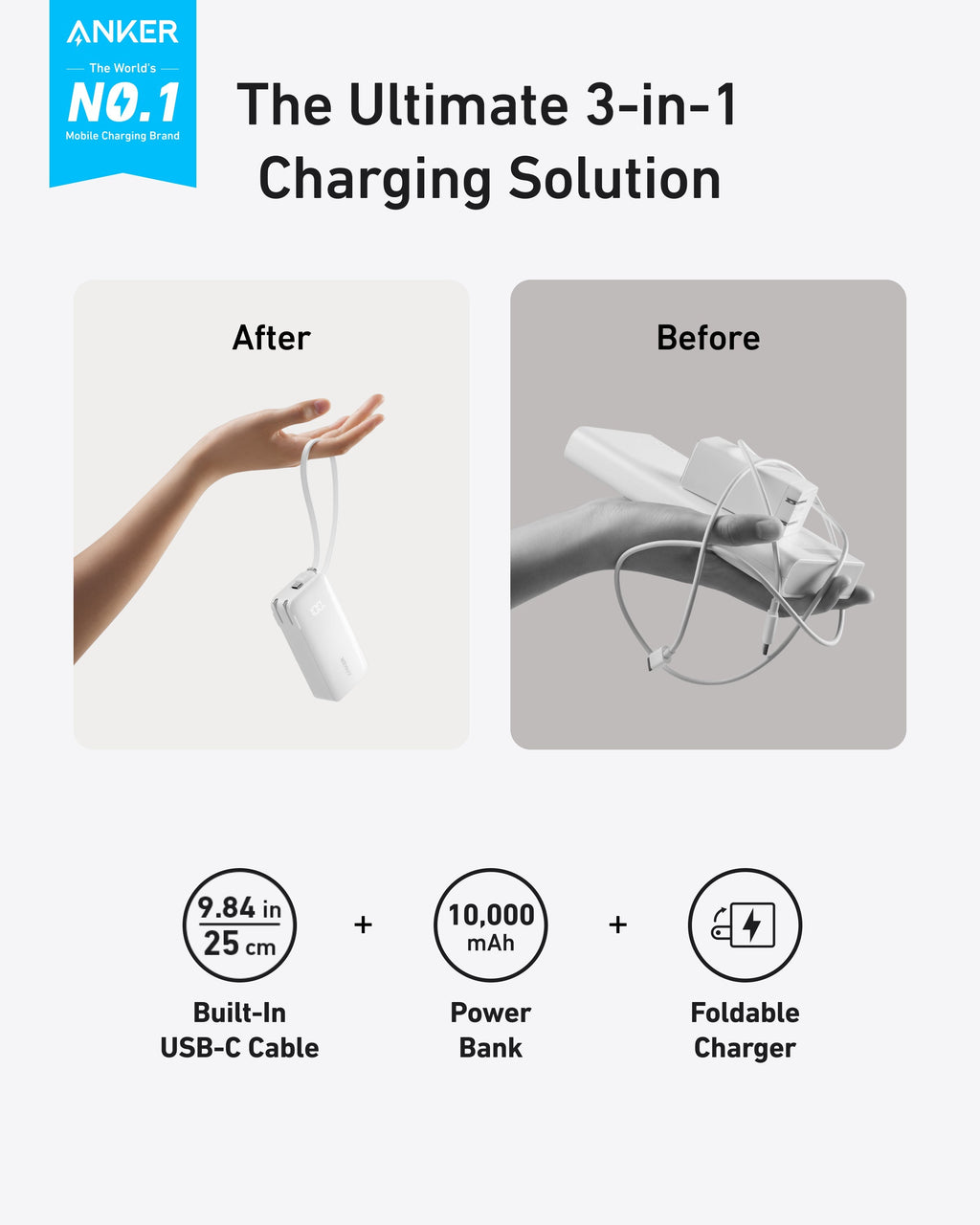 Anker Power Bank 10K Fusion - Compact All-In-One Travel Charger With Built-In Cable and Foldable Plug by Anker