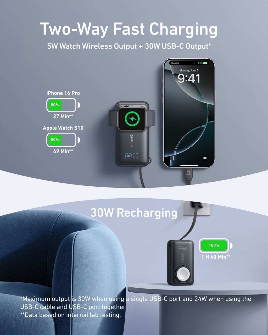 Anker MagGo Power Bank 10K 35W For Apple Watch - Portable Apple Watch Charger With USB C by Anker