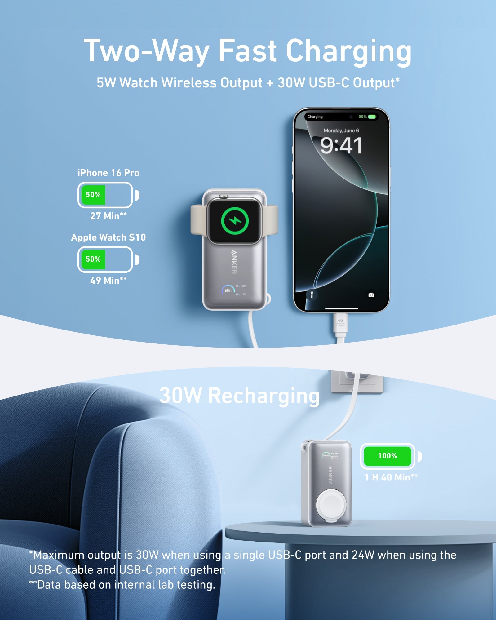 Anker MagGo Power Bank 10K 35W For Apple Watch - Portable Apple Watch Charger With USB C by Anker