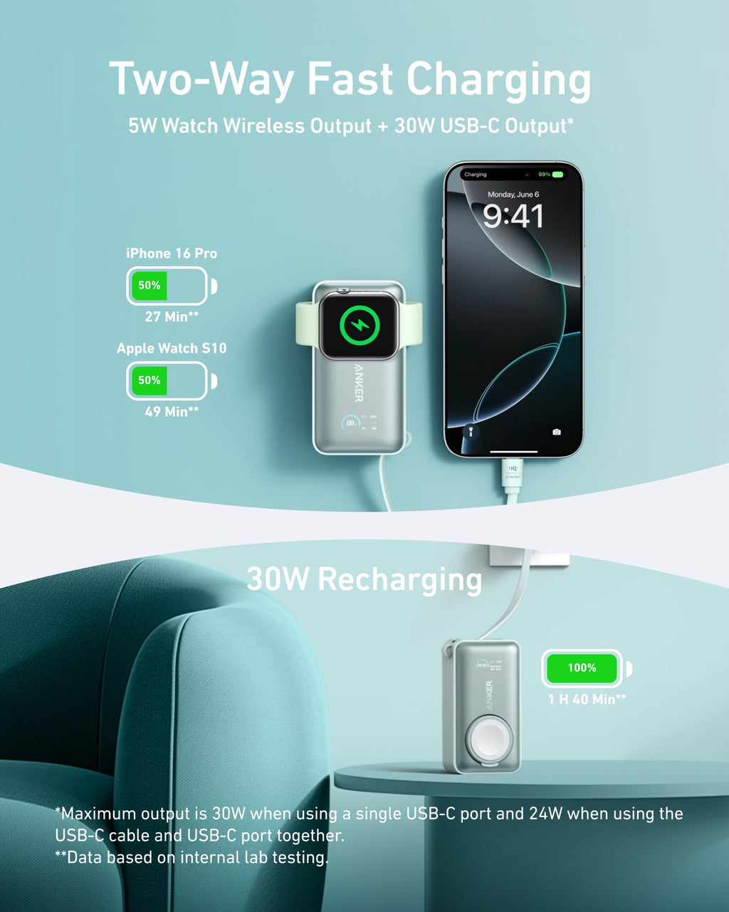 Anker MagGo Power Bank 10K 35W For Apple Watch - Portable Apple Watch Charger With USB C by Anker