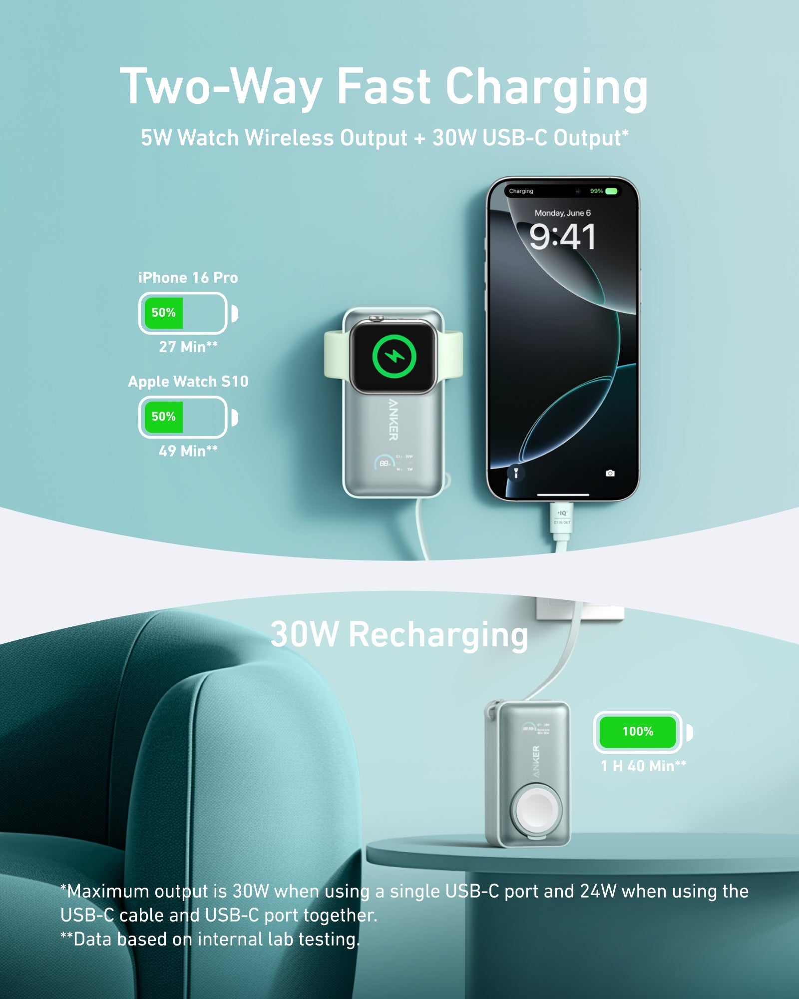 Anker MagGo Power Bank 10K 35W For Apple Watch - Portable Apple Watch Charger With USB C by Anker