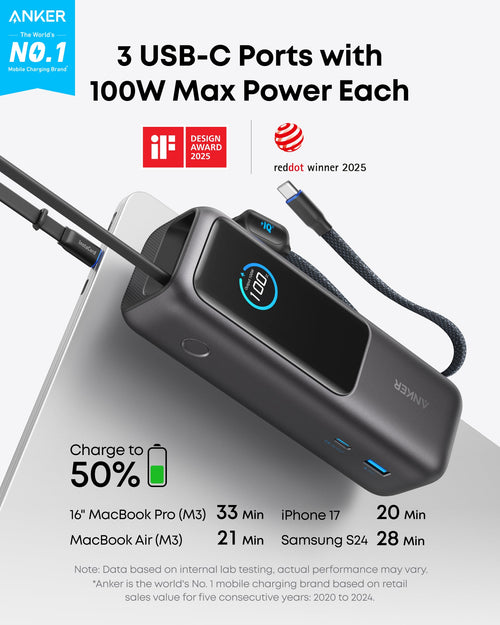 Anker Laptop Power Bank 25K With Built-In Retractable Cables - Triple 100W USB-C Ports For Fast MacBook Charging by Anker
