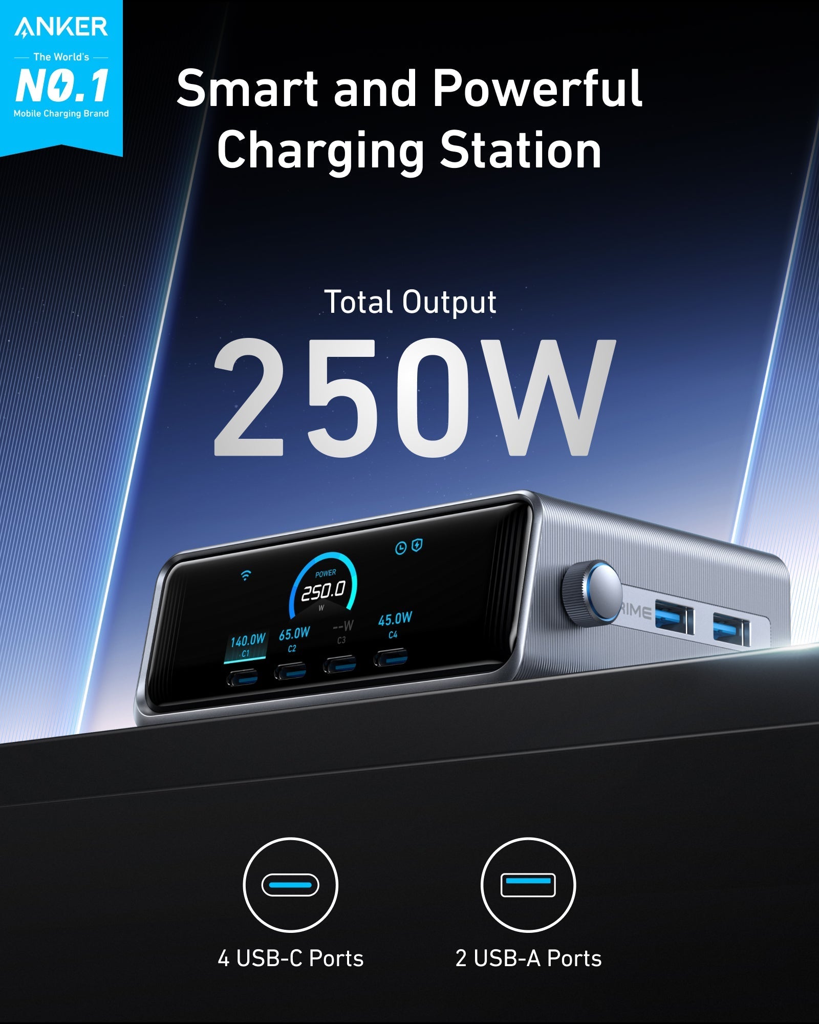 Anker Prime Charger - 250W GaNPrime Desktop Power Hub With Six Ports For Laptops Phones And More by Anker