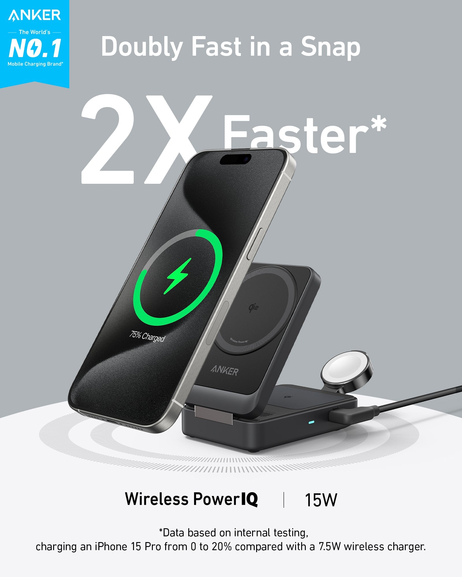Anker MagGo Wireless Charging Station Foldable 3-in-1 - MagSafe 15W Wireless Charger for iPhone Apple Watch AirPods by Anker