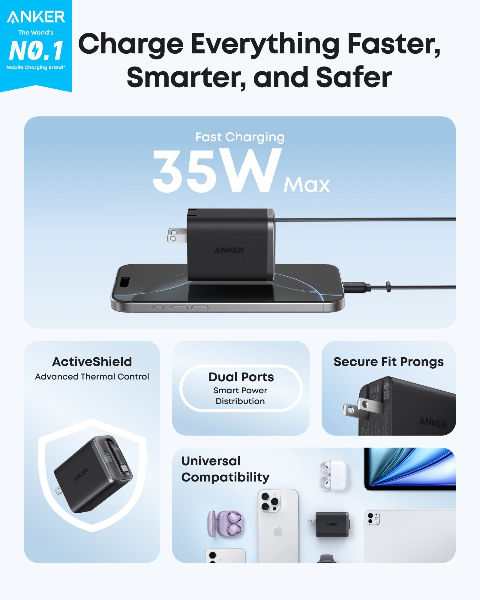 Anker Nano Charger - 35W Dual USB-C Fast Charging With Built-In Retractable Cable On-The-Go Power by Anker