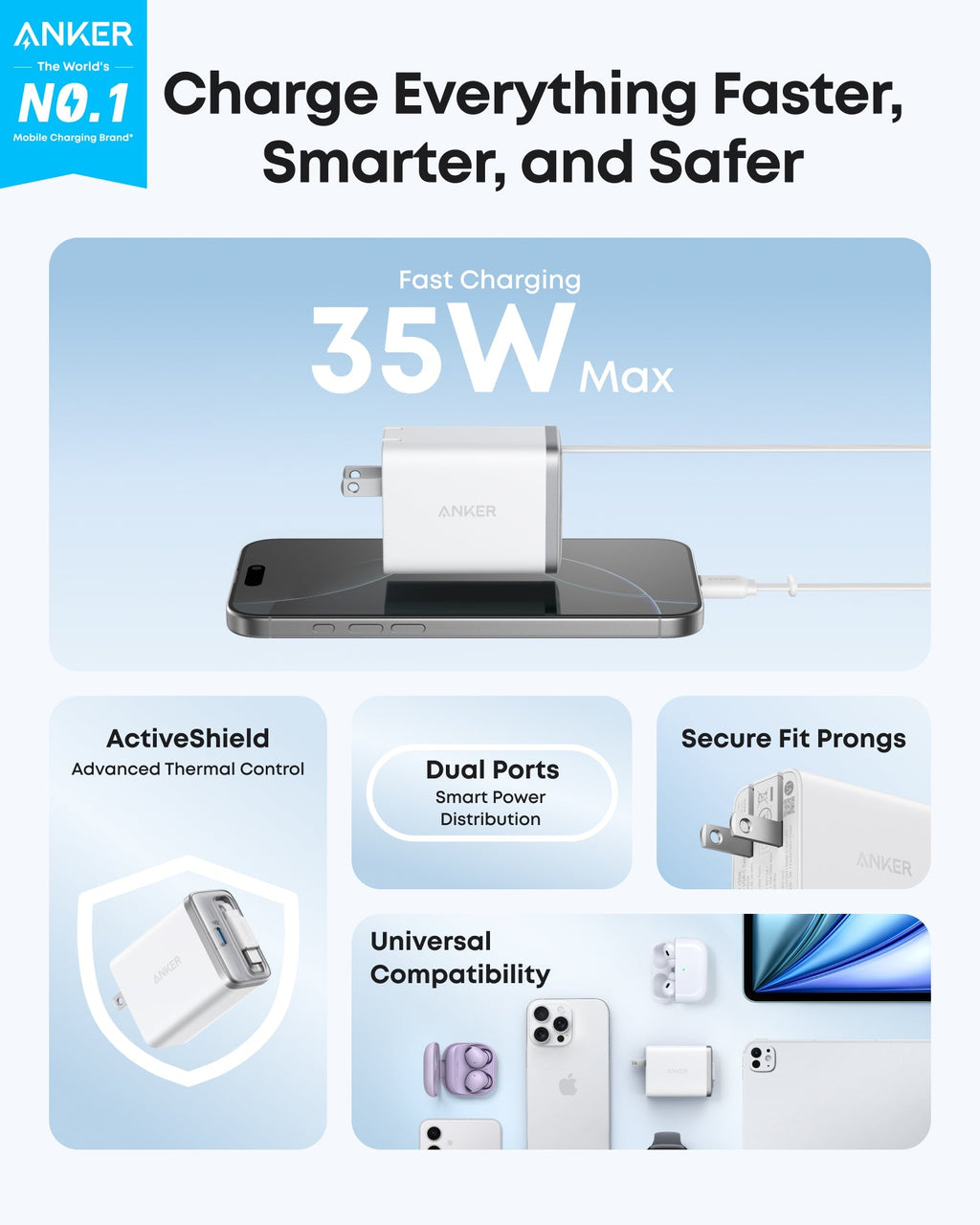 Anker Nano Charger - 35W Dual USB-C Fast Charging With Built-In Retractable Cable On-The-Go Power by Anker