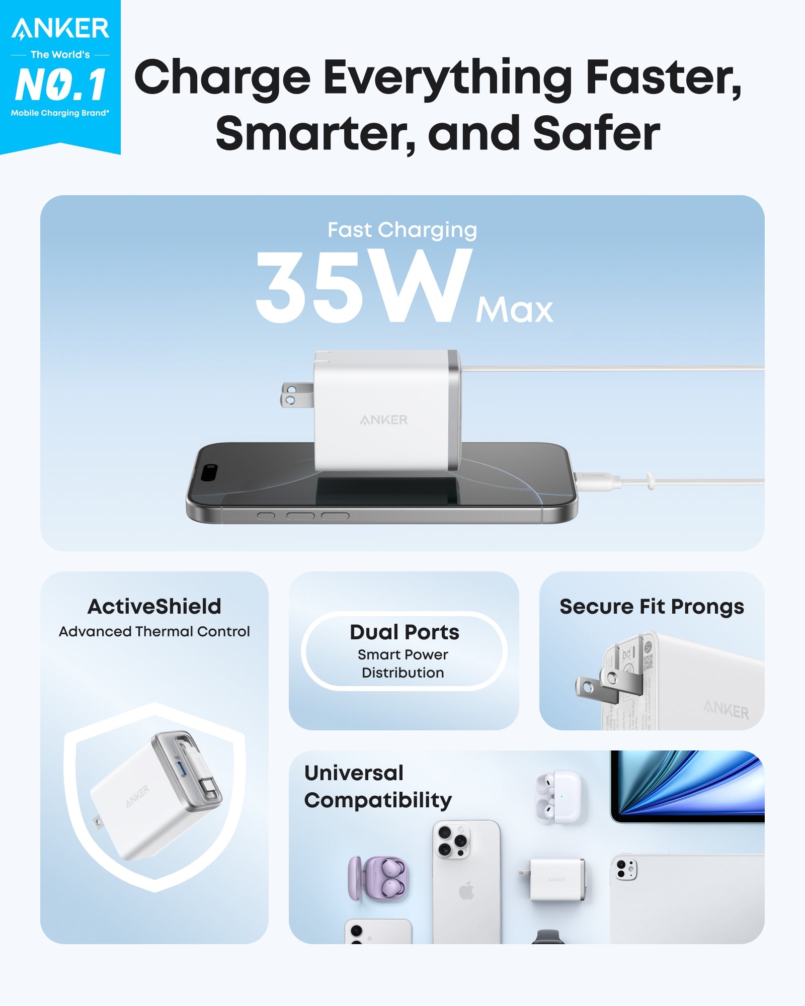 Anker Nano Charger - 35W Dual USB-C Fast Charging With Built-In Retractable Cable On-The-Go Power by Anker