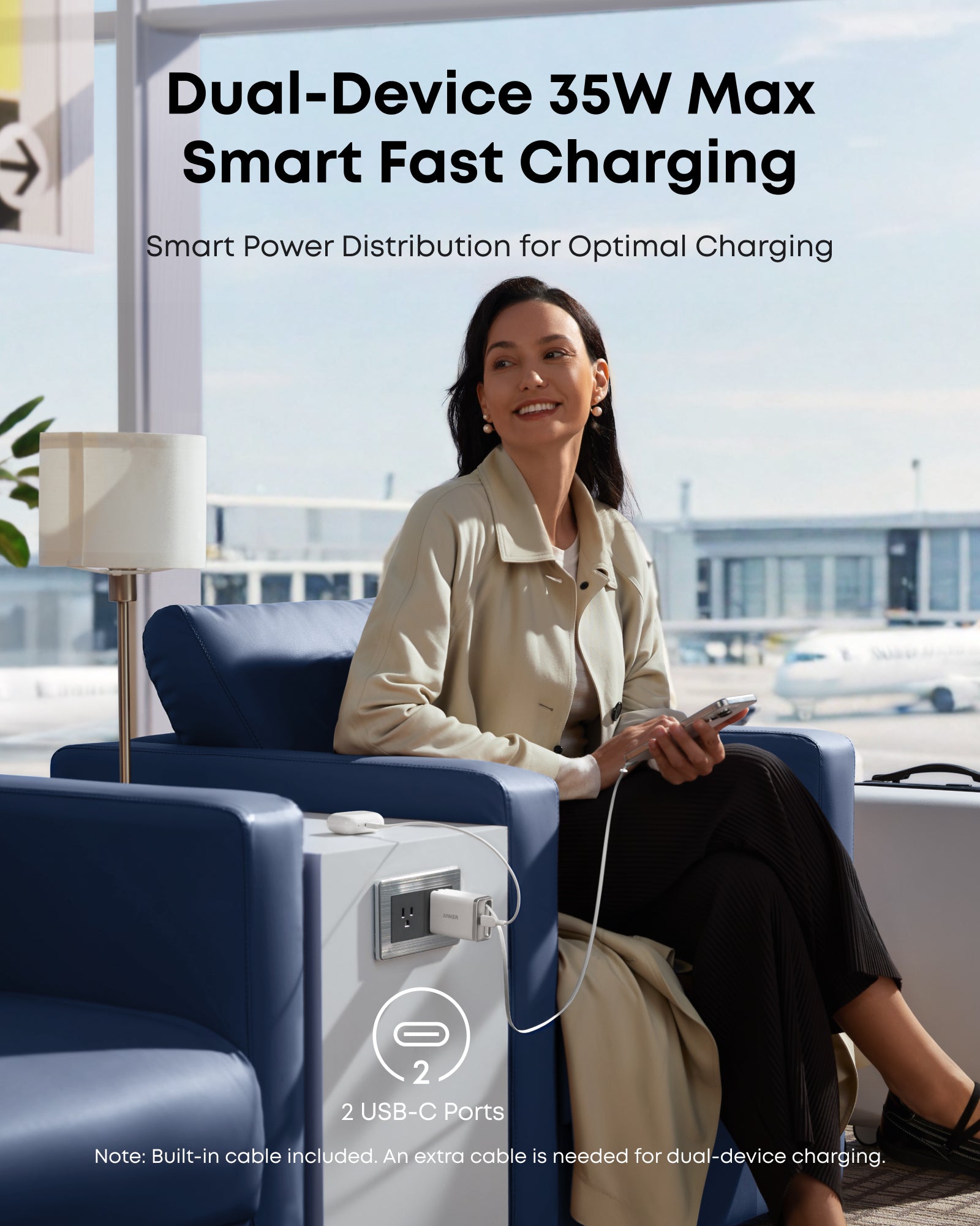 Anker Nano Charger - 35W Dual USB-C Fast Charging With Built-In Retractable Cable On-The-Go Power by Anker