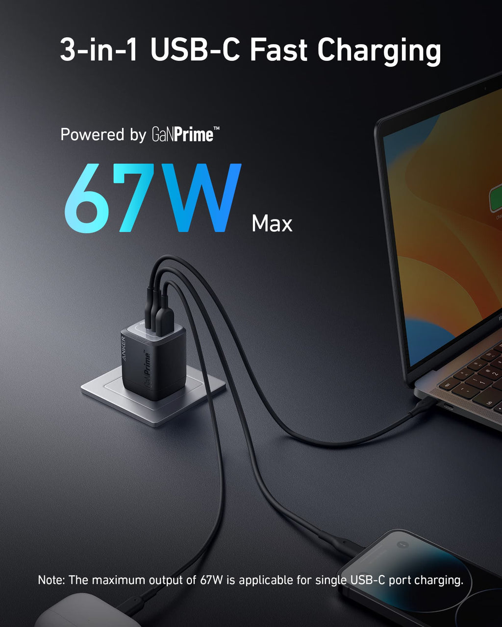 Anker Prime 67W GaN Wall Charger - Ultra Compact 3 Ports Power For Travel And Home by Anker