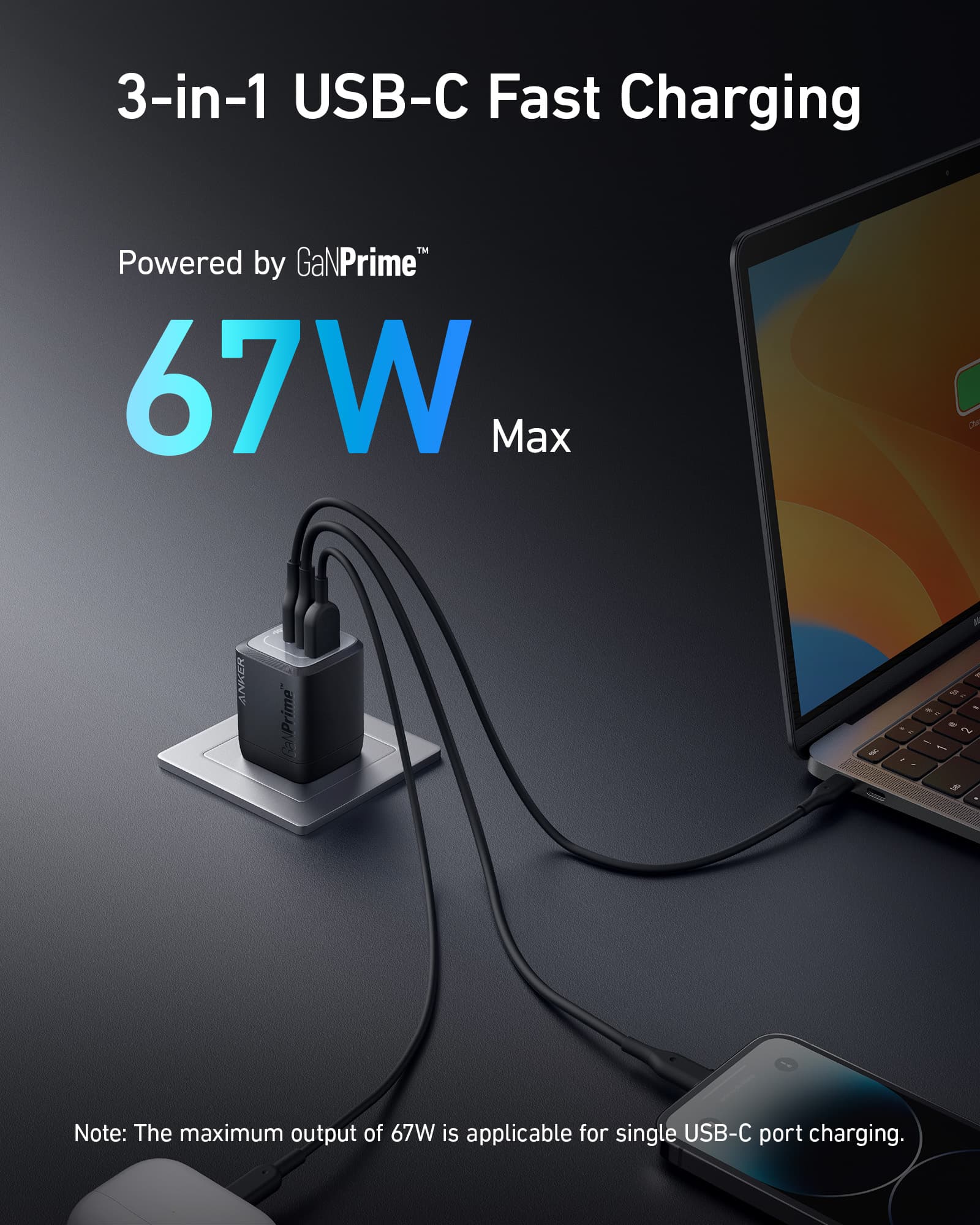 Anker Prime 67W GaN Wall Charger - Ultra Compact 3 Ports Power For Travel And Home by Anker
