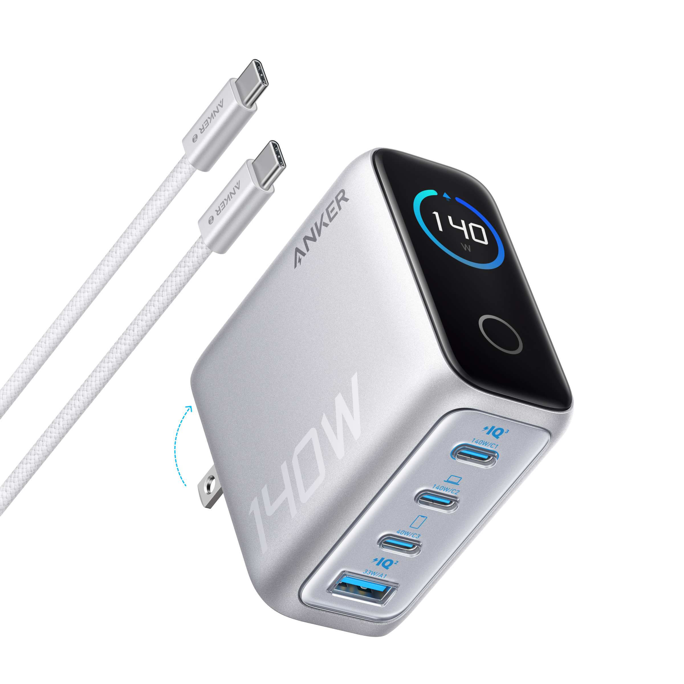 Anker 140W 4-Port PD 3.1 GaN Charger With USB C Cable - Fast Safe Multi Device Charging For Laptops Phones by Anker