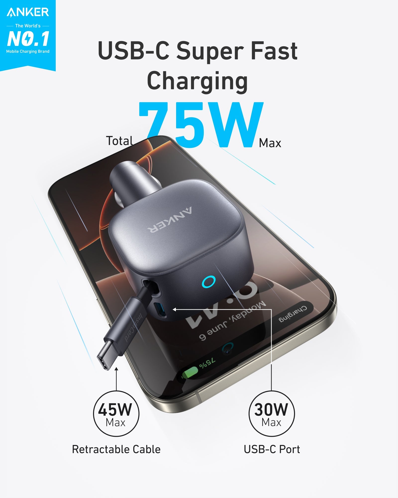 Anker Nano 75W Car Charger - Ultra Compact USB C Fast Charging for Laptop and Devices by Anker