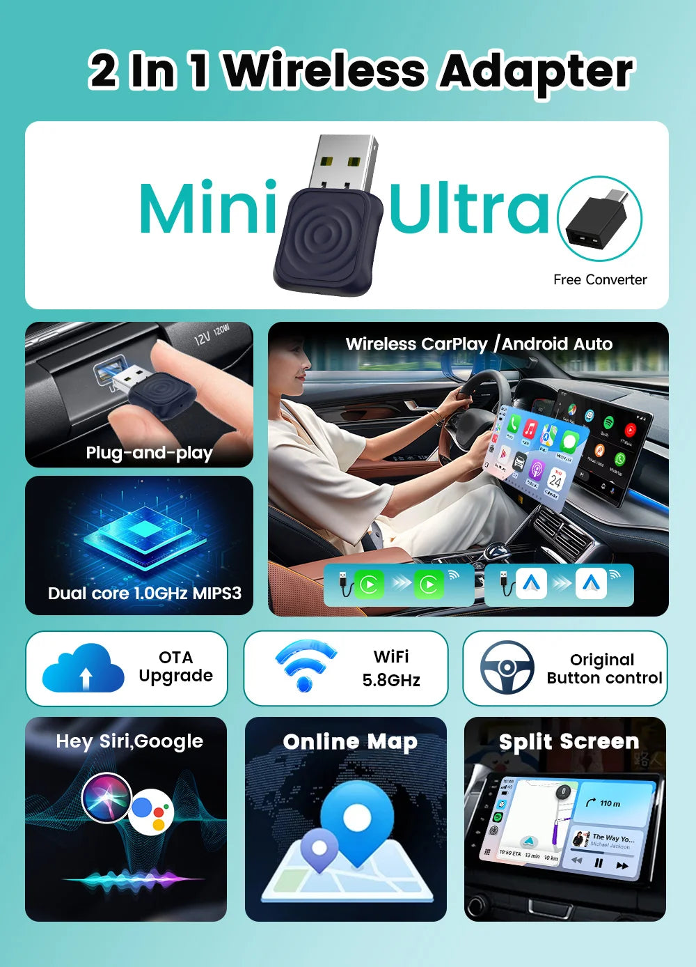 2 in 1 Car Kit 5.0 Ultra Wireless CarPlay Android Auto Adapter