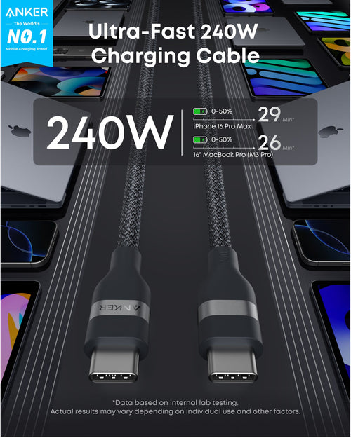 Anker USB-C to USB-C Cable 3 Ft and 6 Ft 240W Upcycled Braided - High Power USB-C Cable for Fast Charging by Anker