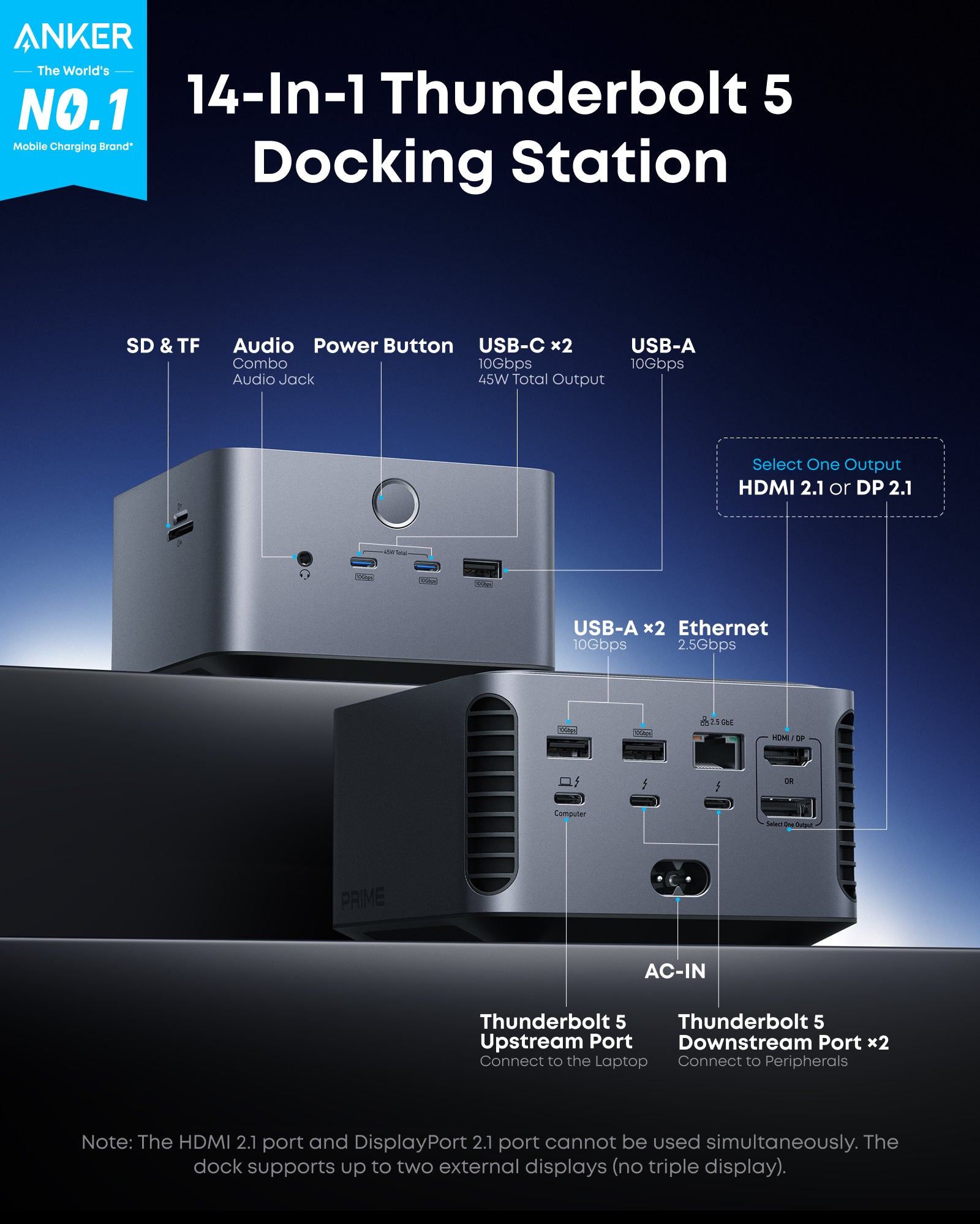 Anker Prime TB5 Docking Station - 14-In-1 Thunderbolt 5 Hub With Fast Data, Versatile Video, And Reliable Charging by Anker