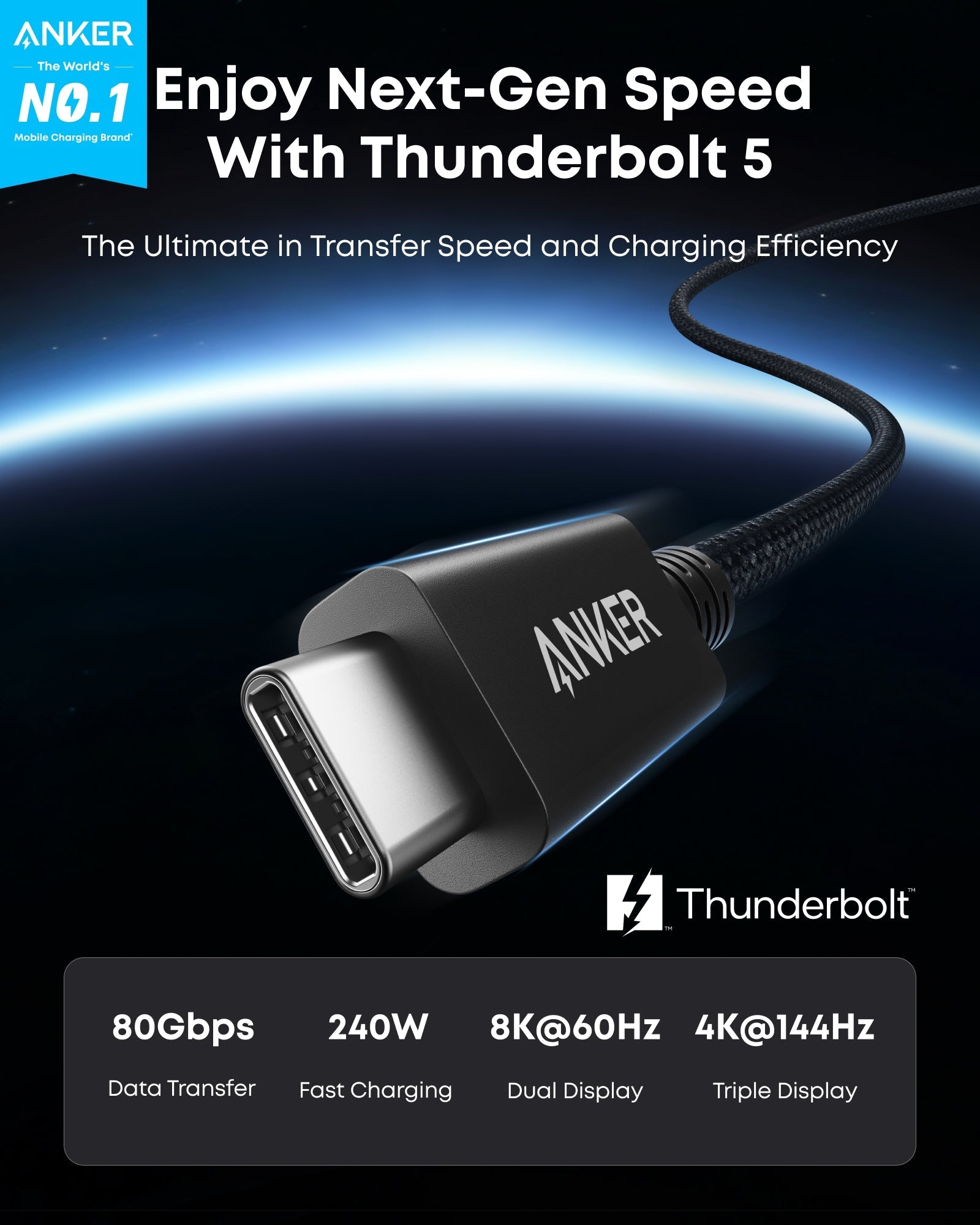 Anker Prime Thunderbolt 5 Cable 80Gbps Data Transfer And 240W Power Delivery For Pro Laptops by Anker